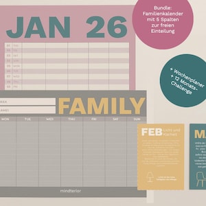 Könnte beinhalten: Ein Familienkalender mit rosa und grauem Design. Der Kalender zeigt das Datum "JAN 26" in Türkis, mit Wochenlayout und dem Wort "FAMILY" in gelben Buchstaben. Zusätzlicher Text beinhaltet "Bundle: Familienkalender mit 5 Spalten zur freien Einteilung".