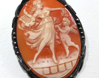 Vintage Shell Cameo Marcasite Brooch/Pendant of Dancing Woman with Lyre and Cherub