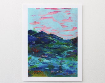 Abstract mountain landscape, Pink clouds art print, Peaceful landscape painting, Mountain wall art, Wilderness artwork, Nature, Home office