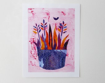 Floral pink artwork, Bright pink prints, Bright color wall art, Colorful art print, Bright color prints, Beautiful art print, Collage print