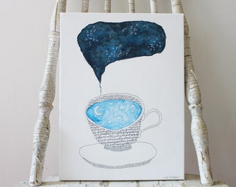 Celestial watercolor painting, Moon and stars art, Teacup art, Surreal art original, Night sky art, Magical, Dreamy art, Teacup full of sky