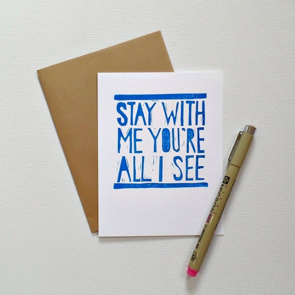 Anniversary card for husband, Valentines day card, Boyfriend card, Romantic cards, Hand printed I love you card, Wedding card, Song lyrics