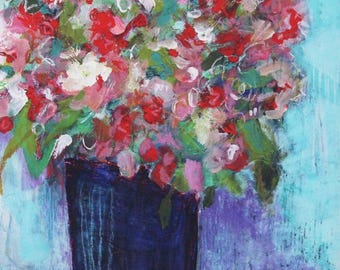 Abstract floral painting, Colorful flower prints, Vibrant abstract flower print, Flowers in a vase home office wall art, Cottage wall art