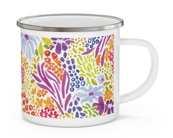 Abstract flowers enamel camping mug, Watercolor coffee mug, Campfire cup