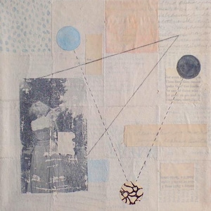 mixed media collage painting with image of woman holding a cat and geometric shapes in neutral tones
