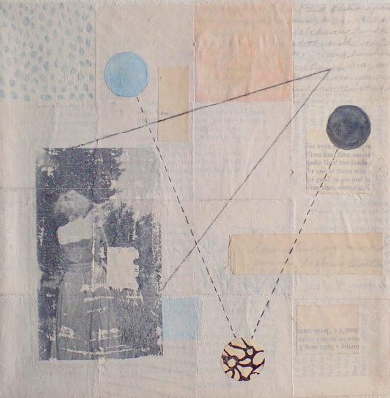 mixed media collage painting with image of woman holding a cat and geometric shapes in neutral tones