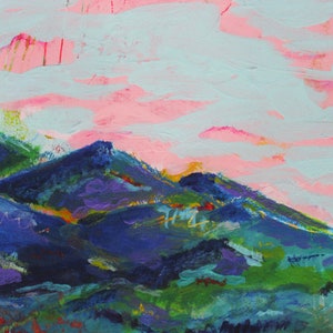 Abstract mountain landscape, Pink clouds art print, Peaceful landscape painting, Mountain wall art, Wilderness artwork, Nature, Home office