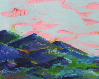 Abstract mountain landscape, Pink clouds art print, Peaceful landscape painting, Mountain wall art, Wilderness artwork, Nature, Home office