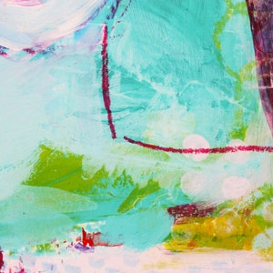 May include: Abstract acrylic painting with a vibrant mix of colors. The artwork features a light blue background with strokes of green, yellow, and red. White circular shapes and red lines add contrast and visual interest to the composition.