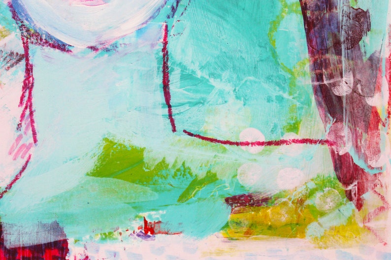 May include: Abstract acrylic painting with a vibrant mix of colors. The artwork features a light blue background with strokes of green, yellow, and red. White circular shapes and red lines add contrast and visual interest to the composition.