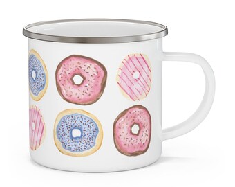 Donuts mug, Enamel camping mug, Camp mug, Camp cup, Campfire mug, Metal mug, Tin mug, Watercolor mug for coffee, tea, hot chocolate