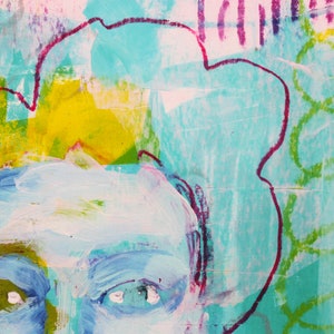 May include: Abstract painting with a face in shades of blue, yellow, and pink. The artwork features a stylized face with blue eyes and a light blue outline. The background has a mix of colors and textures.