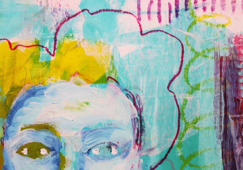 May include: Abstract painting with a face in shades of blue, yellow, and pink. The artwork features a stylized face with blue eyes and a light blue outline. The background has a mix of colors and textures.