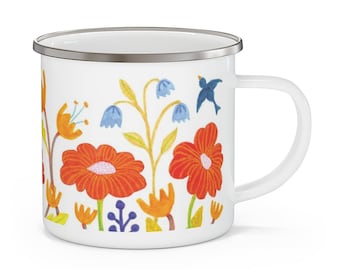 Enamel camping mug, Floral camp mug, Flower camp mug, Campfire mug