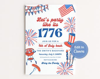 Editable Fourth of July Party Invitation | Party Like It's 1776 Party Invite | Backyard BBQ Invite | Summer BBQ Invitation Canva Template