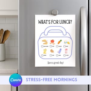 Könnte beinhalten: Ein weißer magnetischer Essensplaner mit einem hellvioletten Lunchbox-Design. Der Planer hat Abschnitte für Hauptgericht, Obst, Gemüse, Milchprodukte, Getreide, Leckereien, Getränke und Extras. Der Text lautet "WAS GIBT ES ZUM MITTAGESSEN?" und "Einen schönen Tag!"