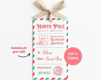 Editable Santa Gift Tag Canva Template, Customizable Christmas Tag for Gift from Santa, North Pole Special Delivery Gift Tag Printable
