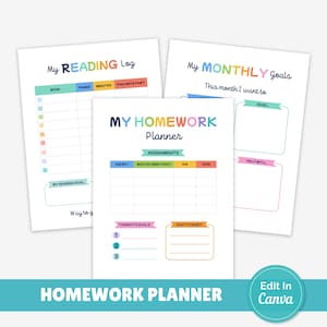 May include: Three printable planner sheets with white backgrounds and colorful text. The sheets are titled My Reading Log, My Monthly Goals, and My Homework Planner. Each page features organized tables, bulleted lists, and sections for tracking tasks.