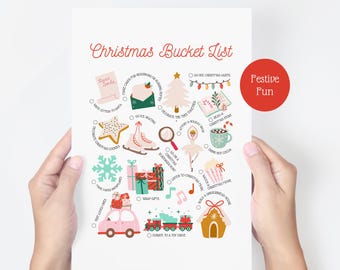 Può includere: Una stampa della lista dei desideri di Natale con illustrazioni festive. L'elenco include attività come scrivere lettere a Babbo Natale, decorare l'albero e incartare i regali. Un cerchio rosso con "Festive Fun" è a destra.