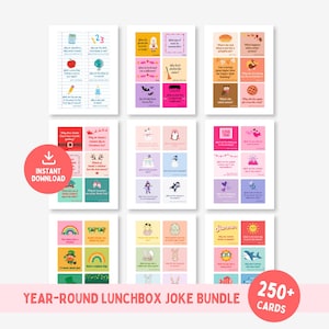 May include: A collection of printable lunchbox joke cards organized into nine grids, featuring colorful illustrations and seasonal themes including school, Halloween, Thanksgiving, Christmas, winter, Valentine's Day, St. Patrick's Day, Easter, and summer.