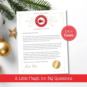 May include: A white letterhead featuring the text North Pole Mail and a red circular stamp with a Santa Claus silhouette. The document includes the date December 15, 2026, a gold seal, and printed text addressed to a child, with a red Edit In Canva badge.
