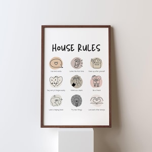 May include: A framed print with the words "HOUSE RULES" at the top. Below are illustrated rules such as "Use kind words," "Listen the first time," and "Love each other always." The frame is brown.