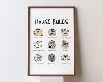 Neutral House Rules Wall Art | Illustrated House Rules for Kids | Family Rules Sign Instant Download