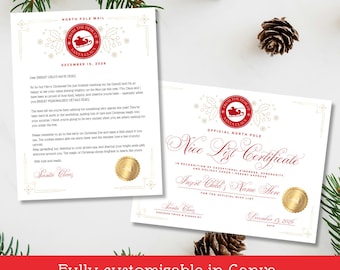 Redigerbart brev från jultomten-paket, julgranskutlåt med fina certifikat, personligt brev från jultomten-mall, julaftonslåda med brev från Nordpolen