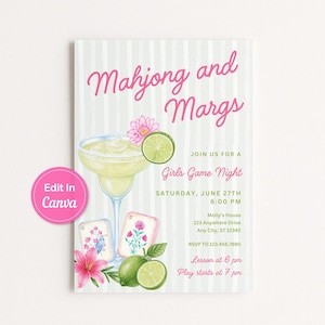 Könnte beinhalten: Eine Party-Einladung mit dem Text "Mahjong and Margs" in rosa Schrift. Die Einladung zeigt eine Margarita, Limettenscheiben, Mahjong-Steine und Blumen. Der Text "Girls Game Night" ist ebenfalls enthalten.