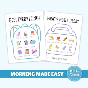 Può includere: Due liste di controllo stampabili: "Hai tutto?" con grafica a zaino e "Cosa c'è per pranzo?" con grafica a portapranzo. Ogni lista di controllo presenta elementi illustrati come borraccia, pranzo, merenda, piatto principale, frutta, verdura, latticini e altro.