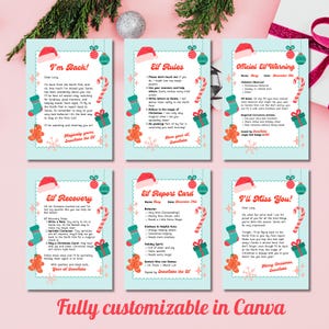 May include: A set of six Christmas-themed cards with festive illustrations and text. Each card features a light blue background with red and green accents, including Santa hats, candy canes, and gingerbread men. The cards are fully customizable in Canva.