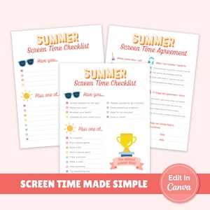 May include: Three printable summer-themed checklists and agreements. The checklists include prompts for daily tasks and activities, with a reward for earned screen time. The text includes "Screen Time Checklist" and "Screen Time Agreement."