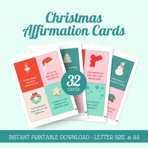 May include: A collection of Christmas affirmation cards with a teal background. The cards feature festive illustrations and positive messages. The text "Christmas Affirmation Cards" is at the top. The cards are available as an instant printable download.