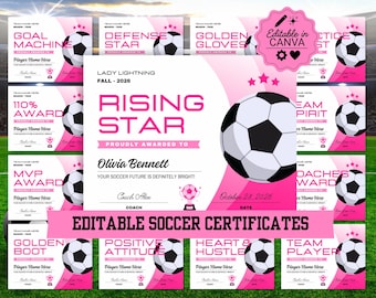 Certificados editáveis para futebol feminino, prêmios para futebol juvenil, certificados imprimíveis para times de futebol, certificados para banquetes de futebol e premiações de fim de temporada.