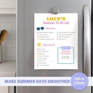 May include: A white to-do list titled "LUCY'S Summer To-Do List" is attached to a refrigerator. The list includes tasks like "Made your bed?" and "Do a puzzle." The bottom of the list reads "MAKE SUMMER DAYS SMOOTHER."