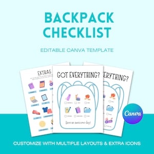 May include: A light blue graphic with the text "BACKPACK CHECKLIST" and "EDITABLE CANVA TEMPLATE". The image shows three checklists with illustrations of school supplies. The text "GOT EVERYTHING?" and "EXTRAS" are visible. The Canva logo is in the bottom right.