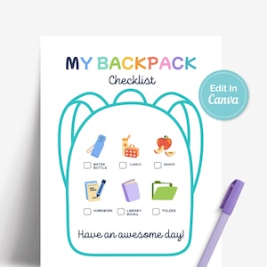 May include: A printable checklist titled MY BACKPACK Checklist with a large teal backpack outline. It features icons for a water bottle, lunch, snack, homework, library books, and a folder with checkboxes. Text includes Edit In Canva and Have an awesome day!