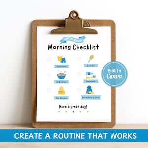 May include: A brown wooden clipboard holding a white paper morning checklist with blue text and icons for daily tasks. The checklist includes sections for getting dressed, eating breakfast, packing a backpack, brushing hair, brushing teeth, and putting on shoes.