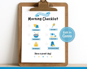 May include: A brown wooden clipboard holding a white paper morning checklist with blue text and icons for daily tasks. The checklist includes sections for getting dressed, eating breakfast, packing a backpack, brushing hair, brushing teeth, and putting on shoes.