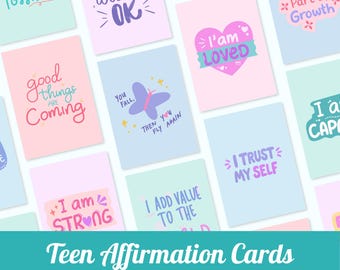 May include: A collection of colorful Teen Affirmation Cards with various positive messages like "I am Strong" and "I am Loved." The cards are in pastel colors and feature handwritten-style fonts. The image includes the text "Teen Affirmation Cards" and "32 instant printable cards."