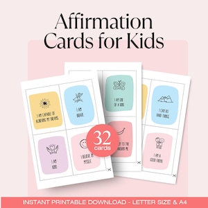 May include: Affirmation cards for children with colourful designs and positive messages. Each card has a unique illustration and phrase, such as "I am brave" and "I am a good friend." The set includes 32 cards.