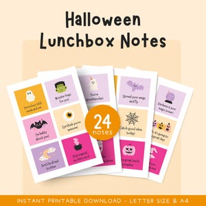 May include: Halloween-themed lunchbox notes with colorful illustrations of ghosts, bats, pumpkins, and other spooky images. Each note has a positive message. The notes are available as an instant printable download in letter size and A4.