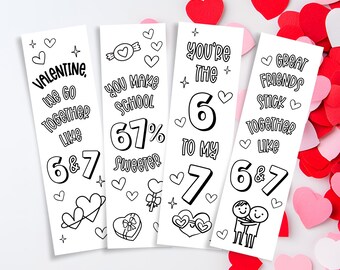 6-7 Valentines Bookmark Coloring Printable | Gen Alpha Slang Valentine | Six Seven Coloring | Library Valentine Class Party Digital Download
