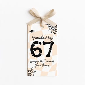 May include: A Halloween-themed gift tag with a beige and white checkered pattern. The tag features the text "Haunted by 67" with the number in a bone-like font. It also includes spiderweb and spider graphics, and the message "Happy Halloween! Your friend."