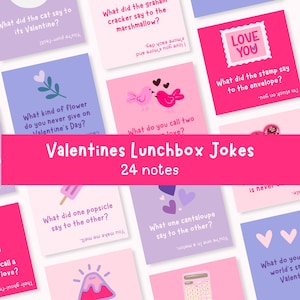 May include: A collection of 24 Valentine's Day lunchbox jokes on colorful cards. Each card features a different pun, with illustrations of a cat, birds, flowers, and other Valentine's Day themed images. The text "Valentines Lunchbox Jokes" is displayed.