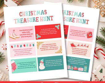 Pode incluir: Duas folhas de papel branco com um jogo de caça ao tesouro de Natal com texto em vermelho e azul-petróleo. Cada folha contém seis cartões retangulares com ilustrações festivas como patins, um boneco de neve e presentes, junto com pistas.