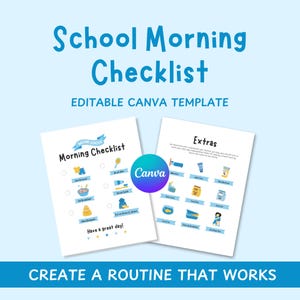 Back to School Morning Checklist Editable Blue Kids Morning Checklist Canva Template School Visual Daily Routine for Kindergarten Preschool