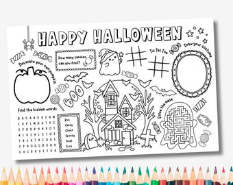 May include: A black and white Halloween activity sheet featuring the text HAPPY HALLOWEEN, a pumpkin, a ghost, a haunted house, a maze, a word search, tic-tac-toe, and various candies, positioned above a row of colorful sharpened pencils.