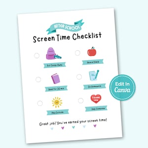 Kids Screen Time Checklist, Editable Screen Time Rules,  After School Screen Time Chart, Screentime Checklist Kids Routine Chart Template