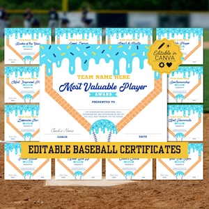 Puede incluir: Una colección de certificados de premio de béisbol imprimibles con un diseño de goteo de helado azul claro sobre un gráfico de diamante de béisbol. El texto incluye "Most Valuable Player Award" y "Editable in Canva" con líneas en blanco.